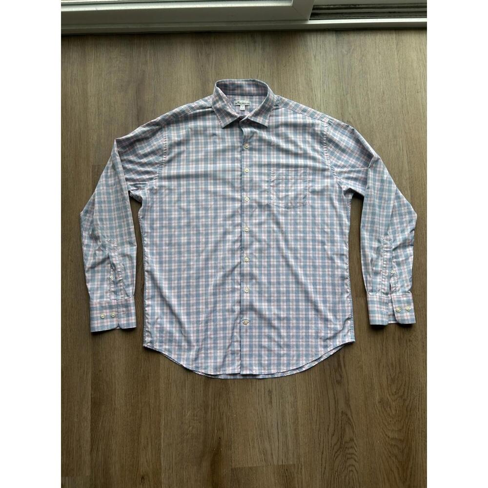 Peter Millar Shirt Mens Large Blue/PinPlaid Long Sleeve Stretch Performance Golf